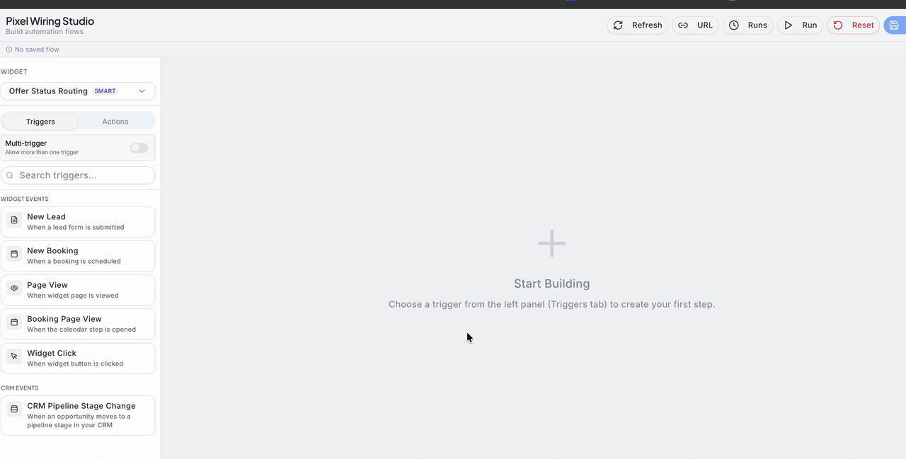 Add a New Lead trigger and Send to Meta Pixel action in Pixel Wiring Studio